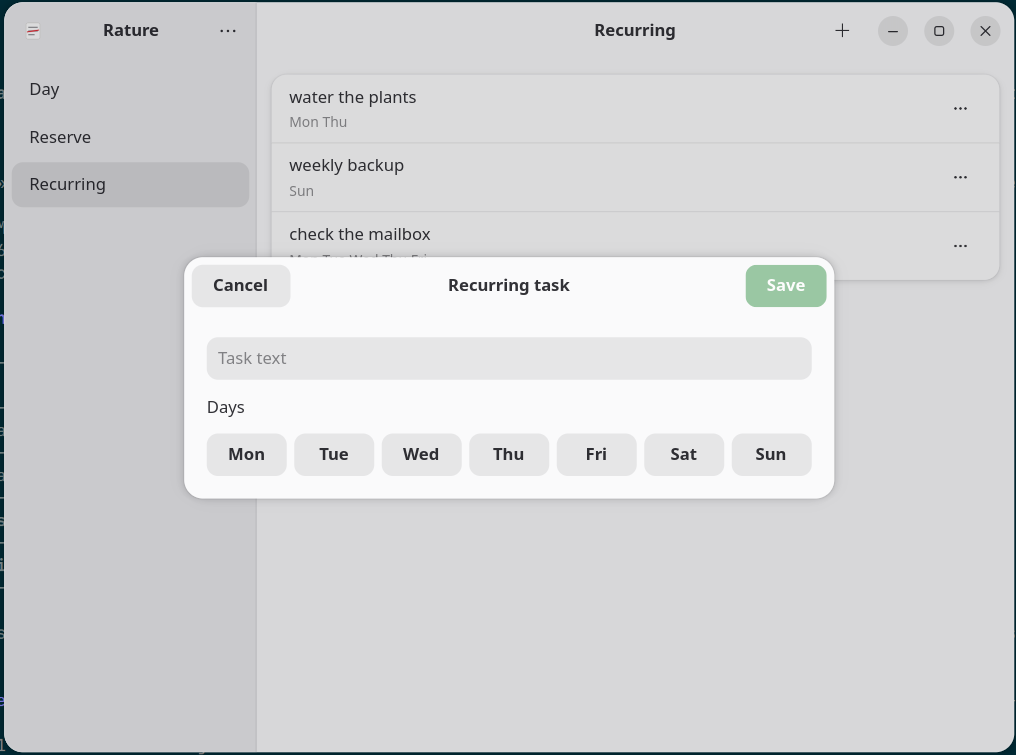 The Recurring view: task templates tied to weekdays